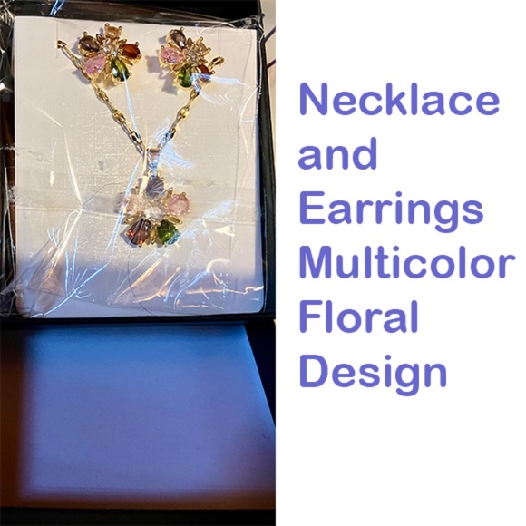 Multicolor Floral Necklace & Earrings with Zirconia & Gold Color details - Picture 6 of 7